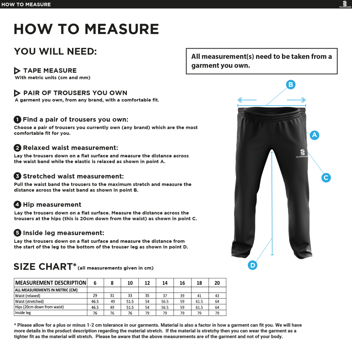 LONGRIDGE CC Classic Tracksuit Pant 3/4 Zip Length Navy Female - Size Guide