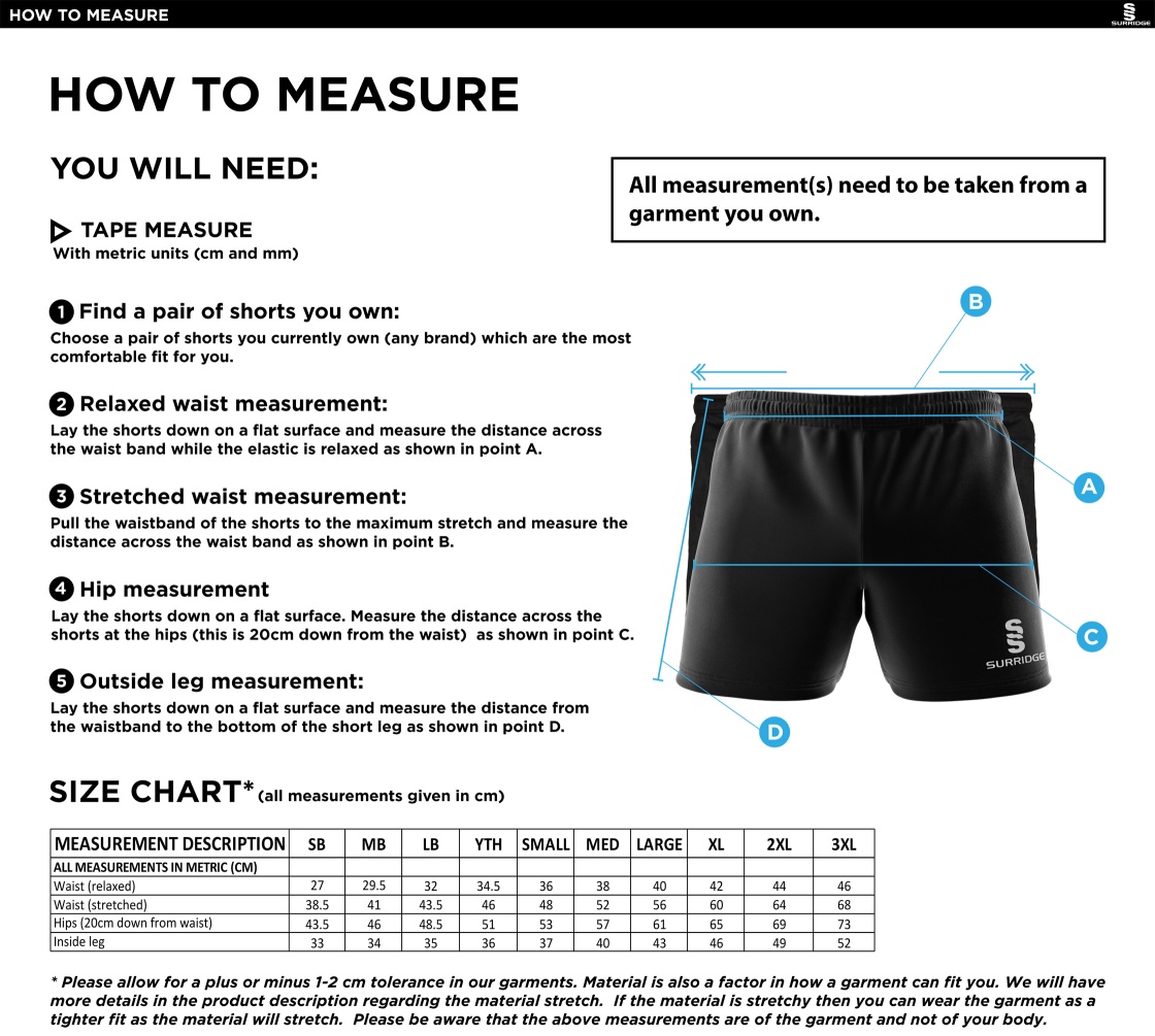 Longridge CC - Gym Shorts - Size Guide