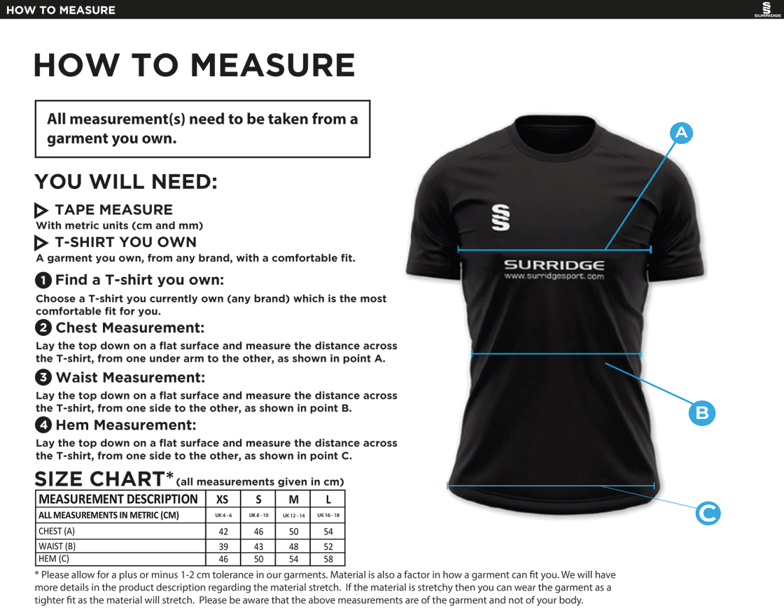 Longridge CC - Ladies Dual Polo Shirt - Size Guide