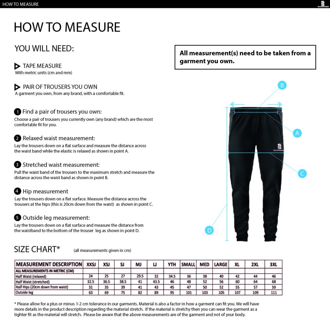 Longridge CC - Tek Slim Pant - Size Guide