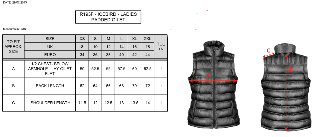 Longridge CC - Ladies Padded Gilet - Size Guide