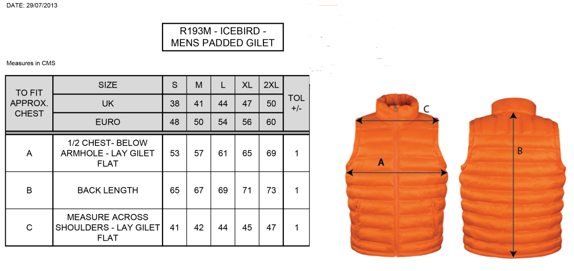 Longridge CC - Padded Gilet - Size Guide