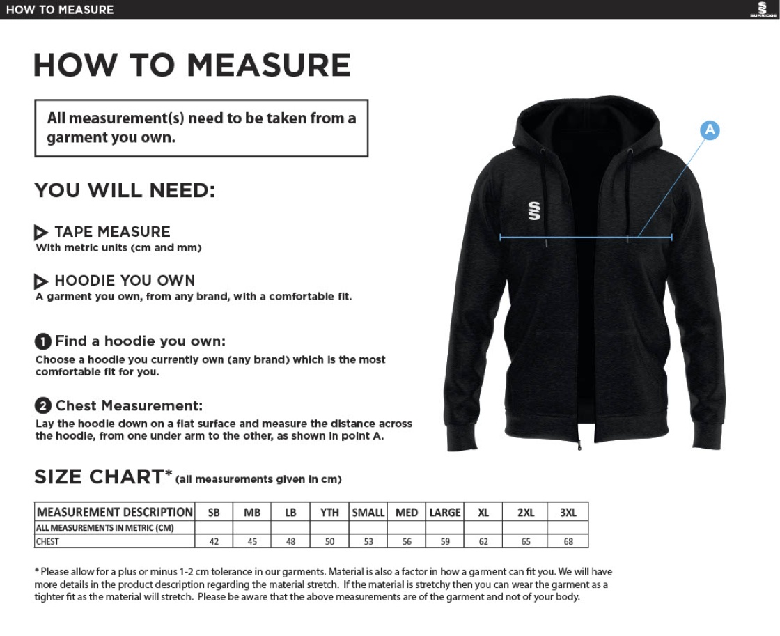 Longridge CC - Dual Full Zip Hoody - Size Guide