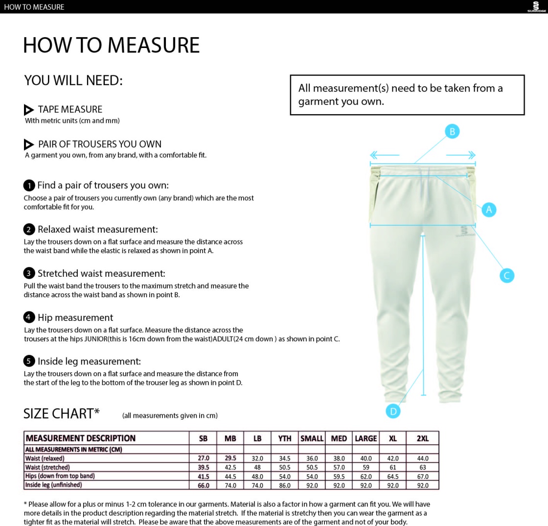 Longridge CC - Coloured Pants - Size Guide