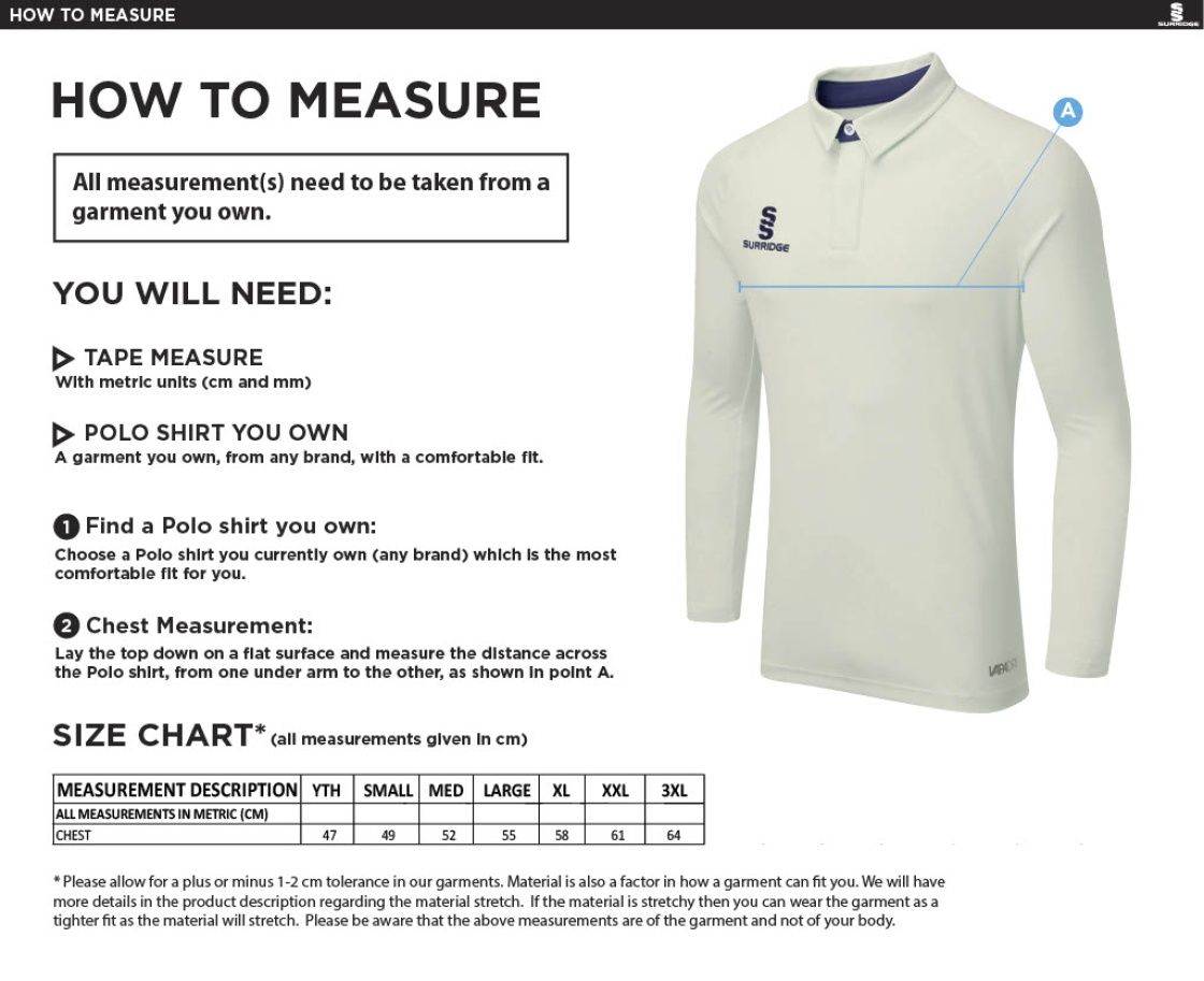 Longridge CC - Ergo Long Sleeve Navy Trim Shirt - Size Guide
