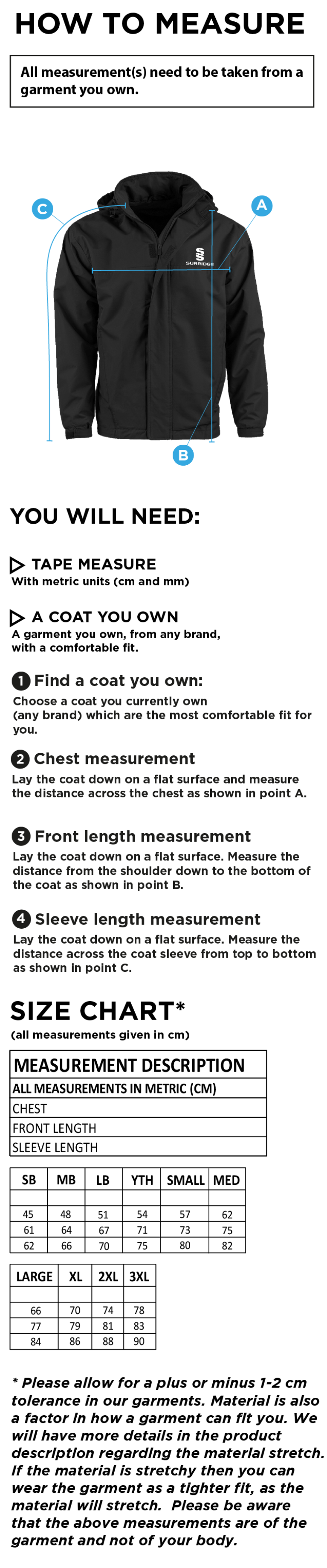 Longridge CC - Dual Fleece Lined Jacket - Size Guide