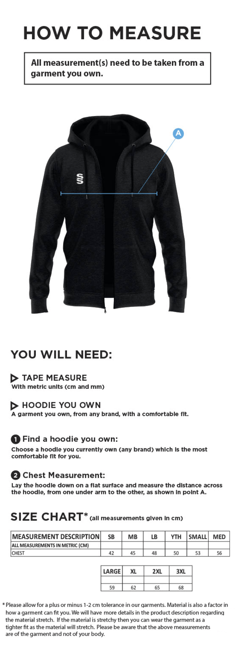 Longridge CC - Dual Full Zip Hoody - Size Guide