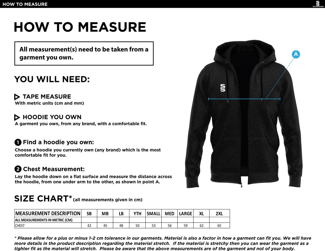 Longridge CC - Ladies Dual Full Zip Hoody - Size Guide