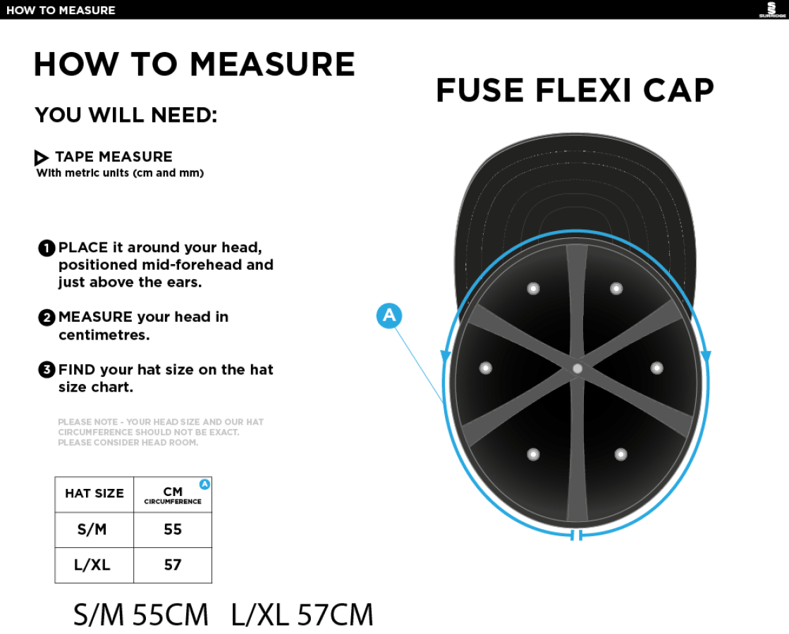 LONGRIDGE CC Fuse Flexi Cap - Navy - Size Guide