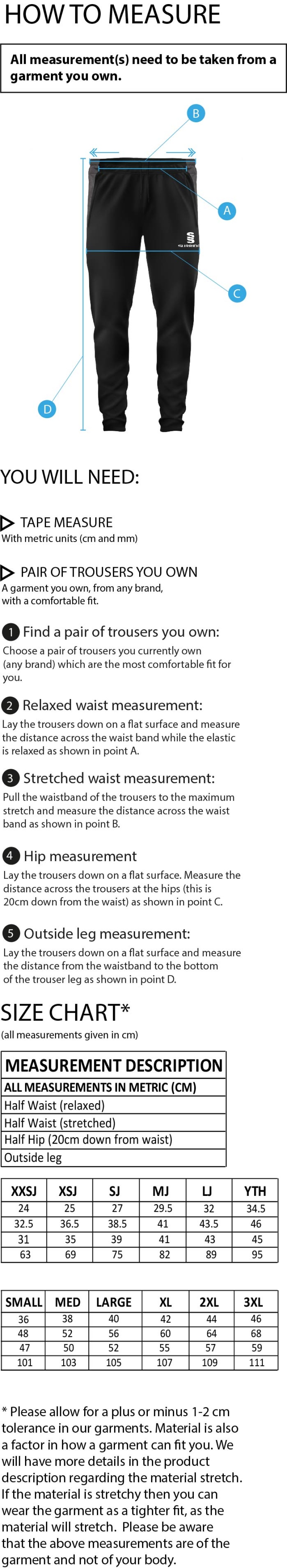 Longridge CC - Tek Slim Pant - Size Guide