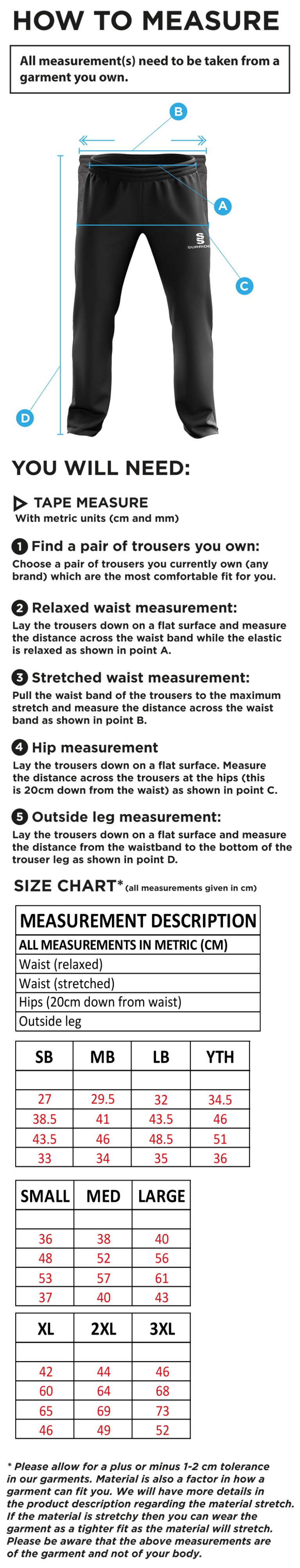 LONGRIDGE CC Rip Stop Track Pant : Navy - Size Guide