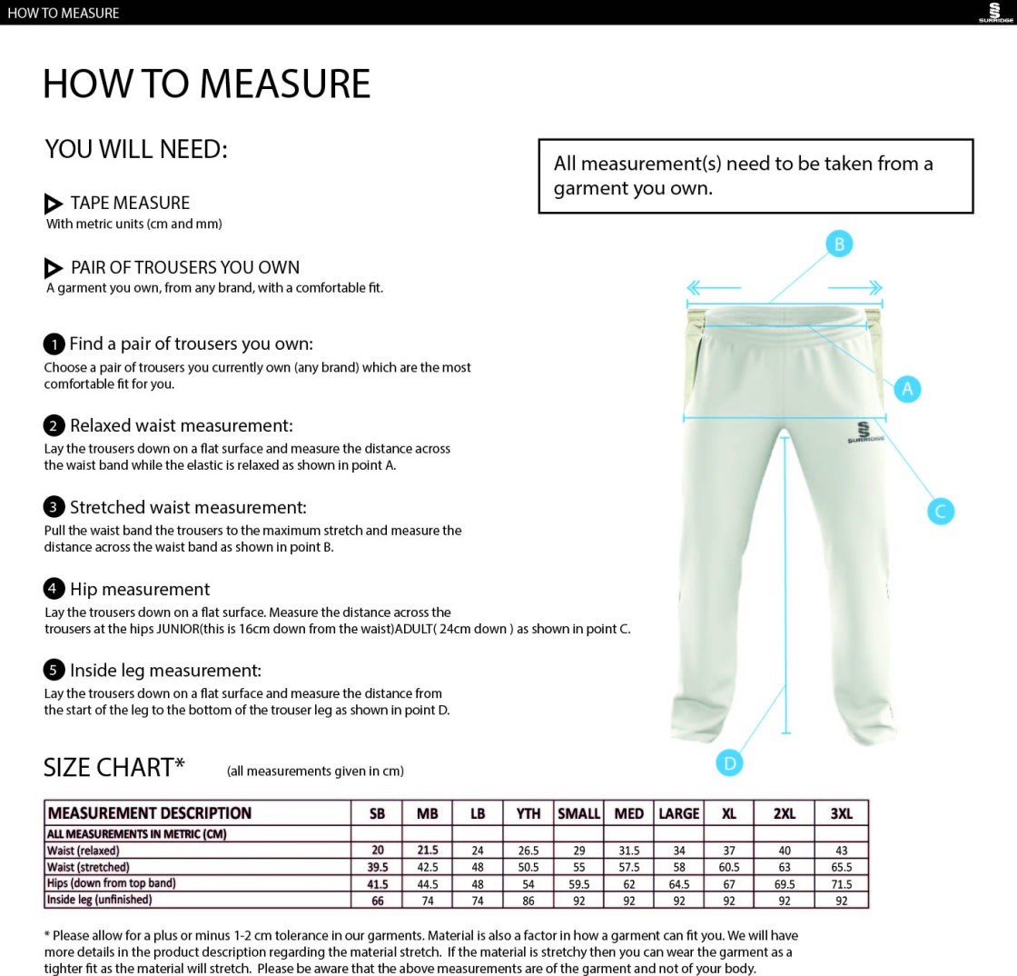 Longridge CC - Standard Playing Pant - Size Guide