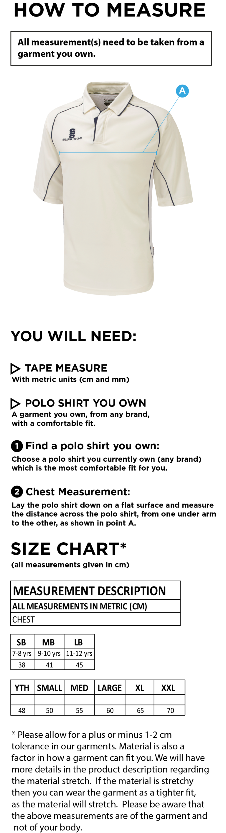 Longridge CC - Premier 3/4 Sleeve Navy Trim Shirt - Size Guide