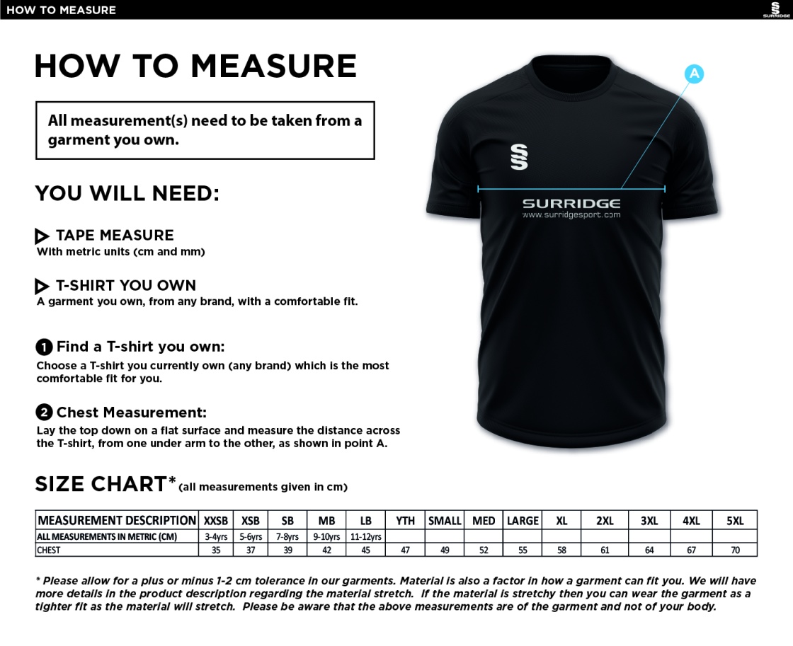 Longridge CC - Dual Training Shirt - Size Guide