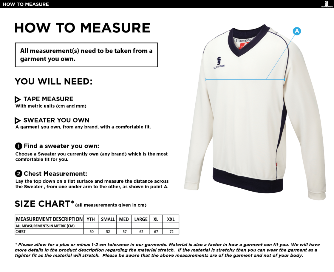 Longridge CC - Long Sleeve Sweater Navy Trim - Size Guide