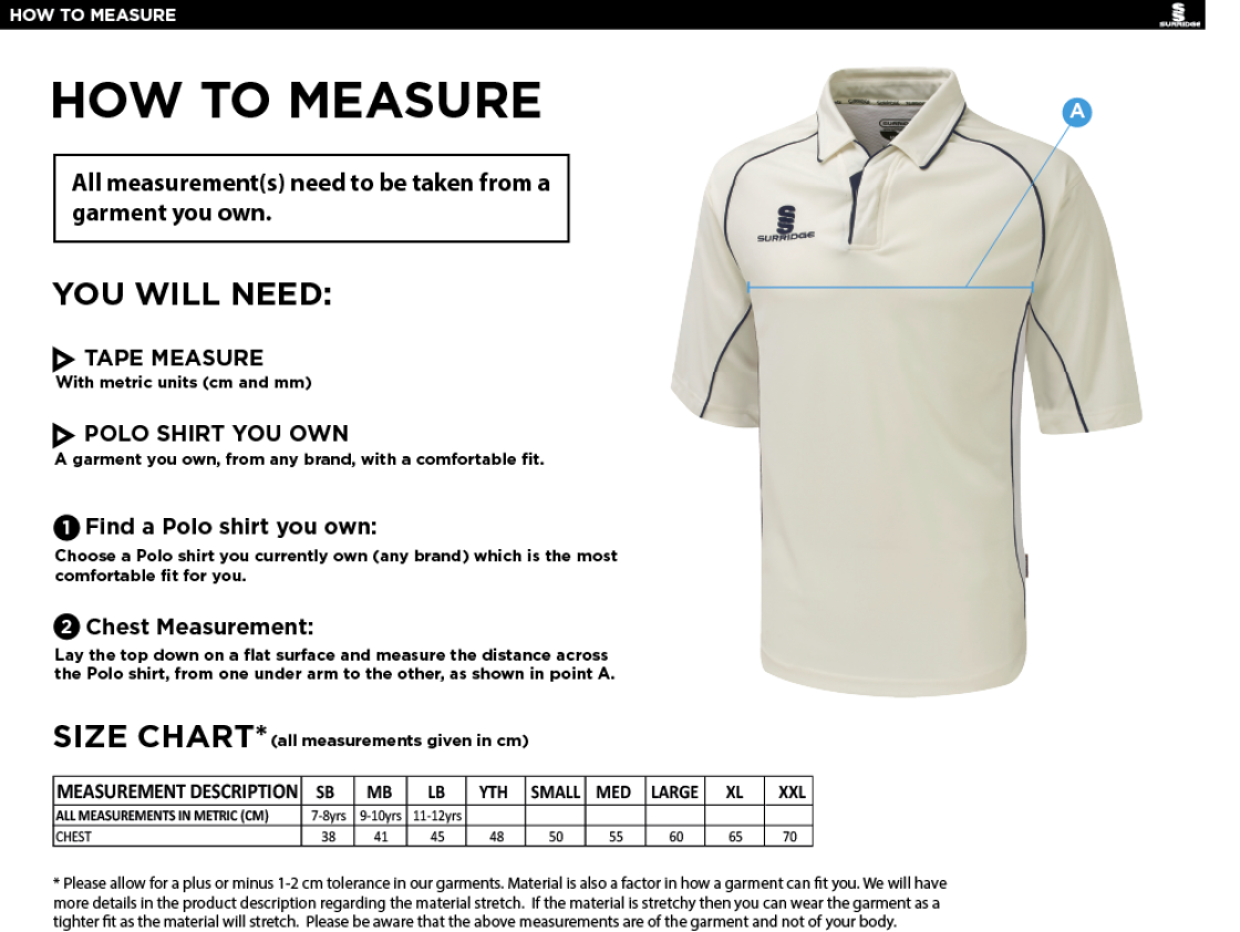 Longridge CC - Premier 3/4 Sleeve Navy Trim Shirt - Size Guide