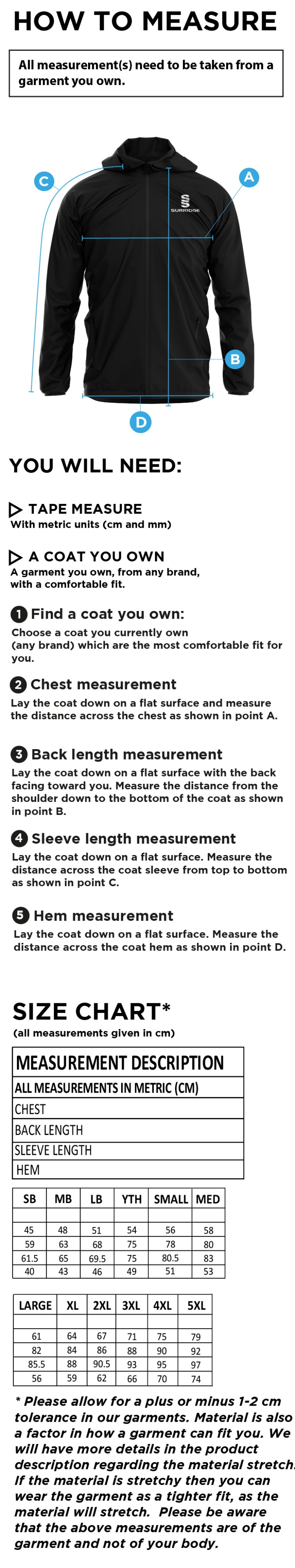 Longridge CC - Training Jacket - Size Guide