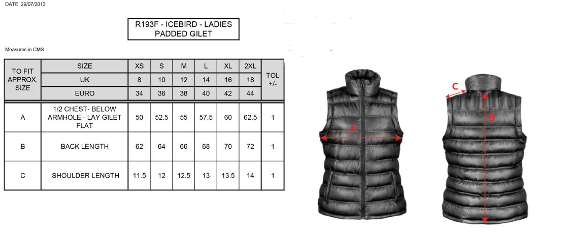 Longridge CC - Ladies Padded Gilet - Size Guide