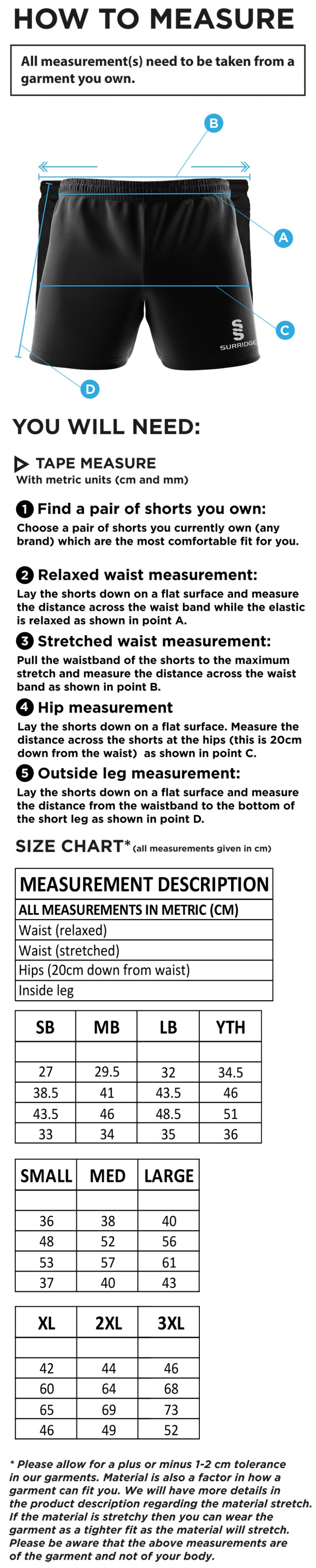 Longridge CC - Gym Shorts - Size Guide