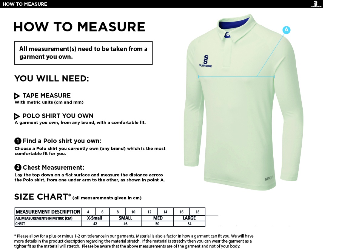 LONGRIDGE CC DUAL LONG SLEEVE CRICKET SHIRT (WOMENS)-Ivory - Size Guide