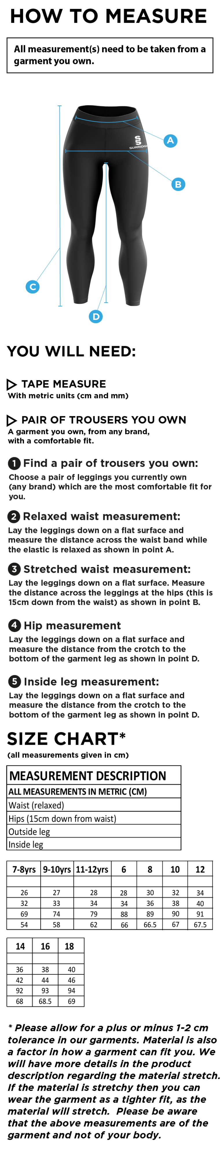 Longridge CC - Ladies Performance Full Length Leggings - Size Guide