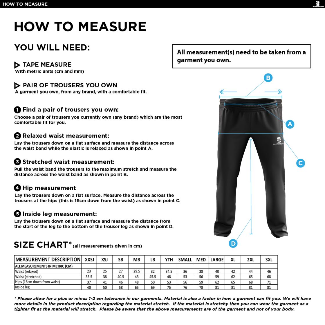 LONGRIDGE CC Classic Tracksuit Pant 3/4 Zip Length Navy Mens - Size Guide