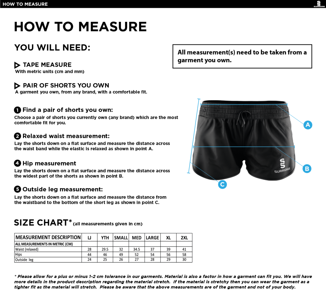 Longridge CC - Ladies Active Shorts - Size Guide