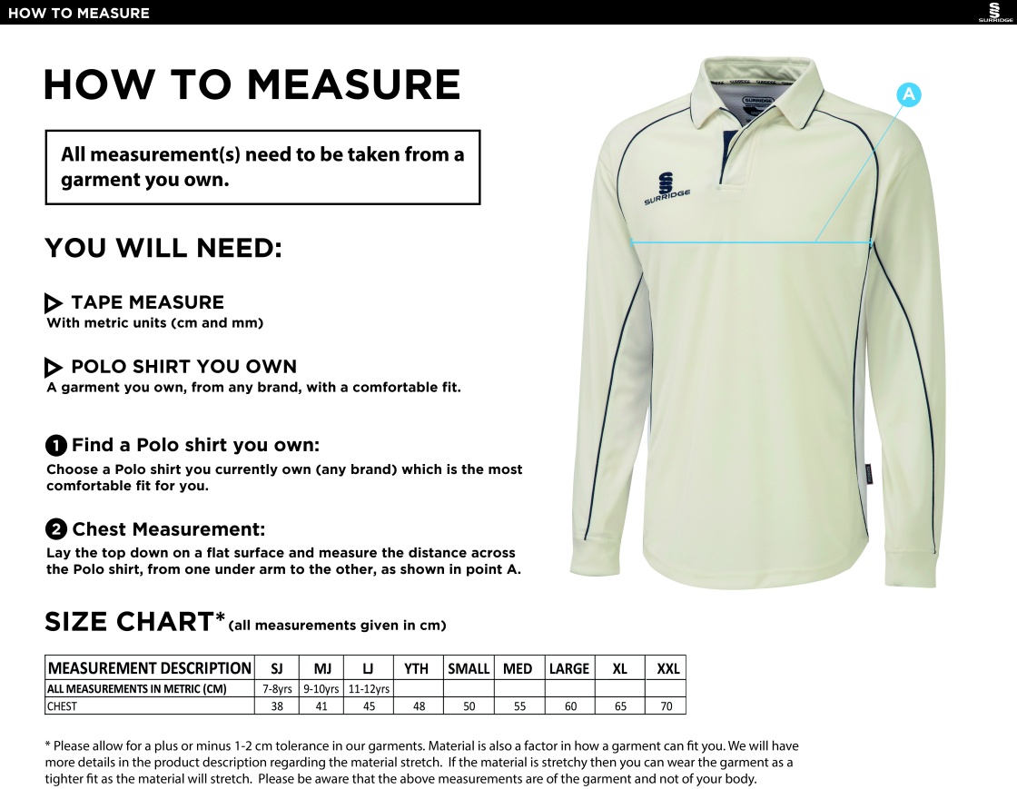 Longridge CC - Premier Long Sleeve Navy Trim Shirt - Size Guide