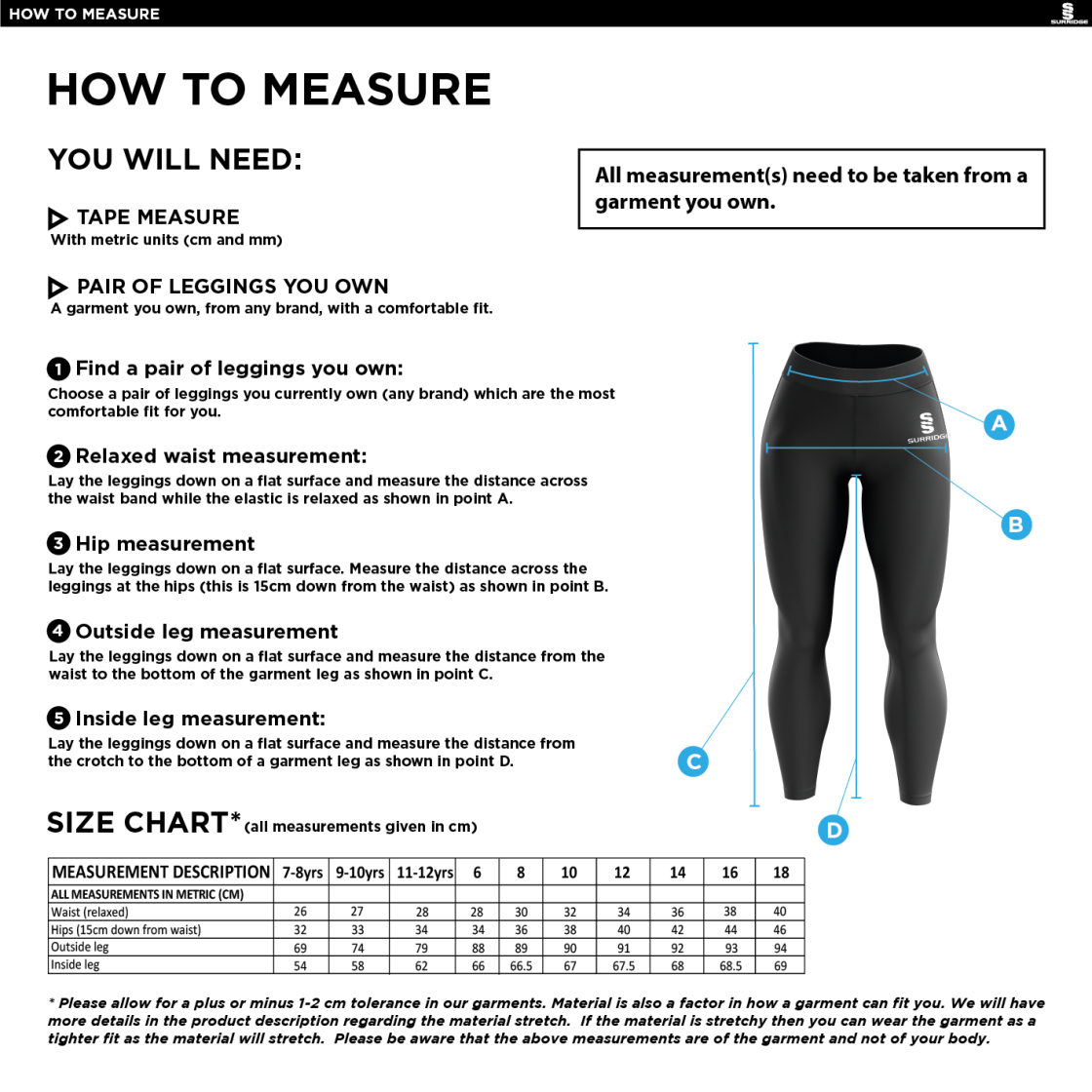 Longridge CC - Ladies Performance Full Length Leggings - Size Guide