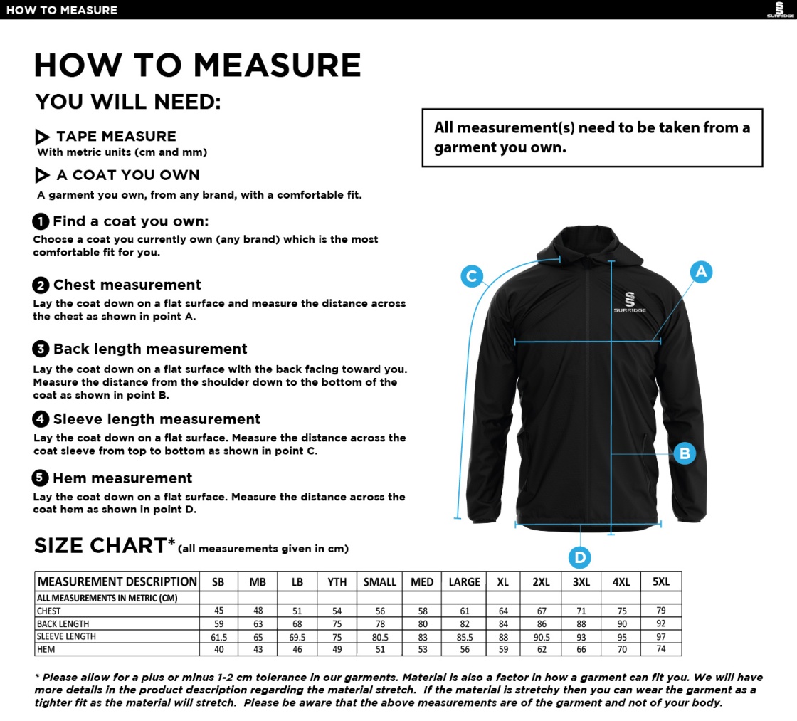 Longridge CC - Training Jacket - Size Guide