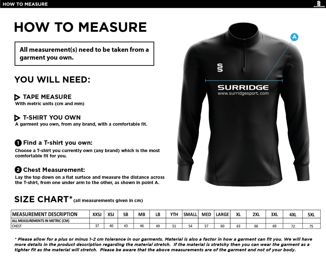 Longridge CC - 1/4 Zip Dual Performance Top - Size Guide