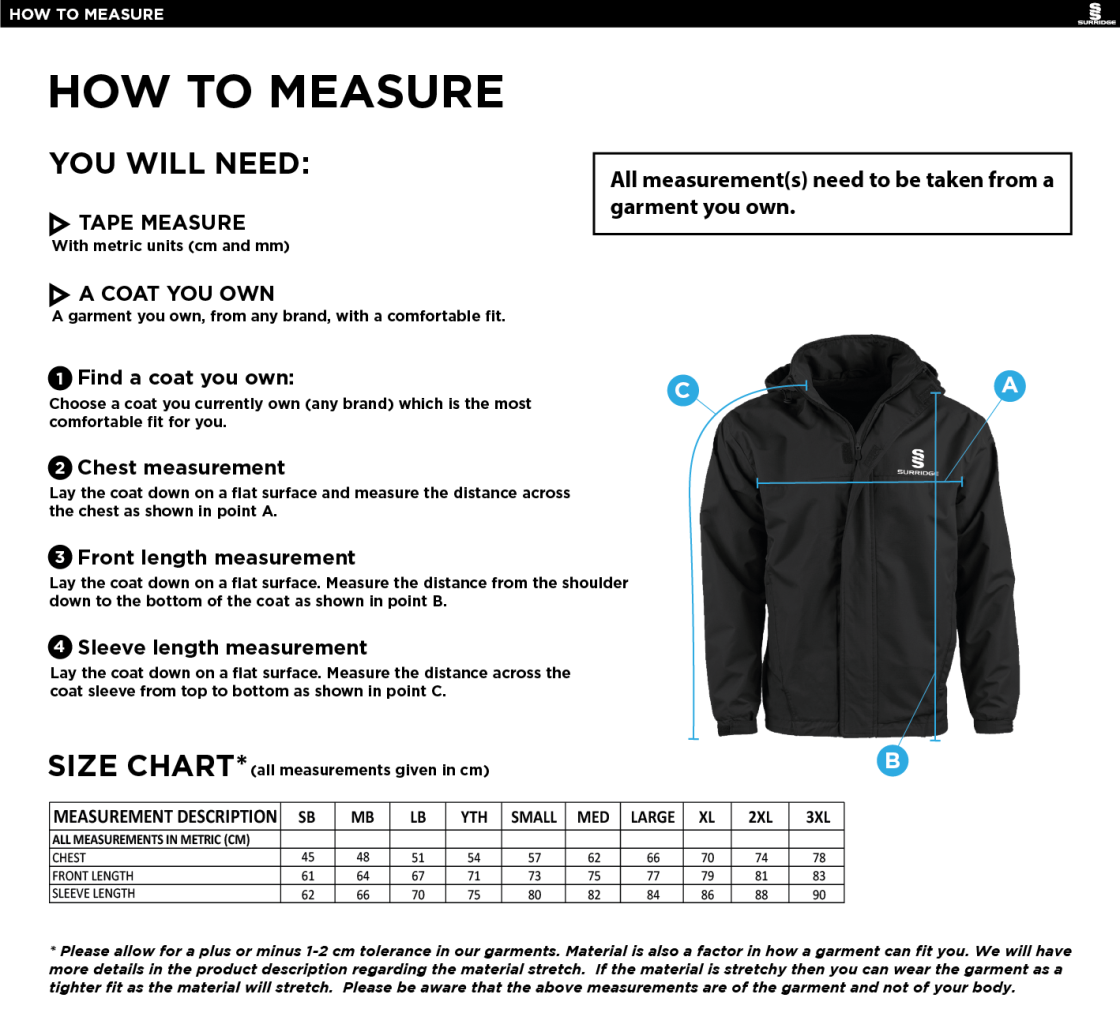 Longridge CC - Dual Fleece Lined Jacket - Size Guide
