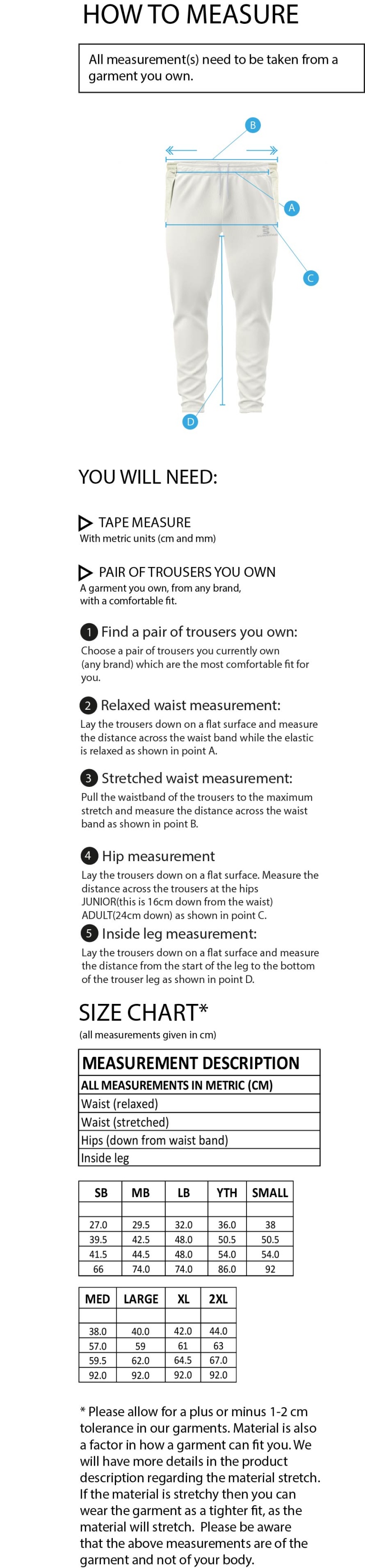 Longridge CC - Tek Playing Pant - Size Guide