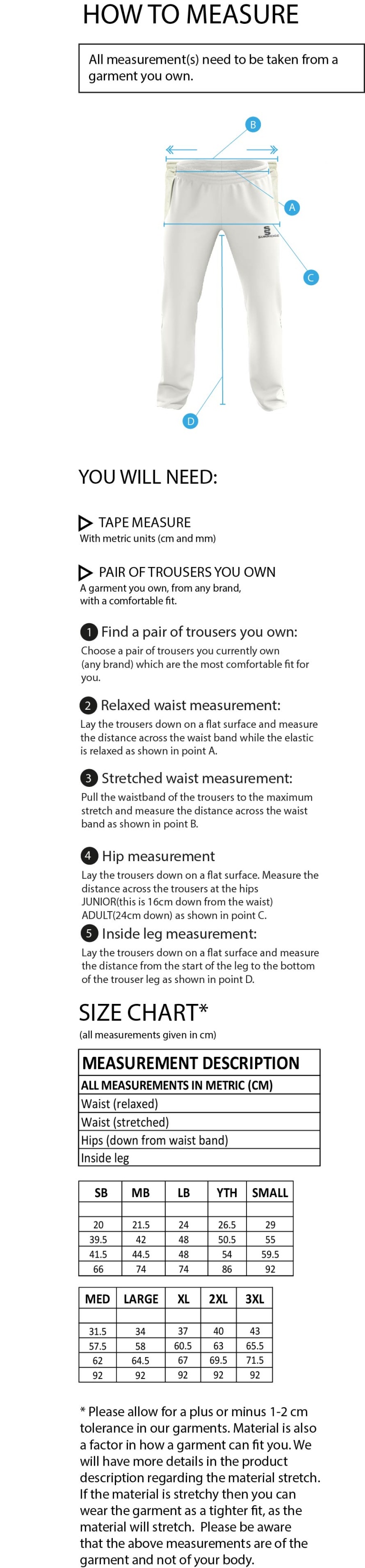 Longridge CC - Standard Playing Pant - Size Guide