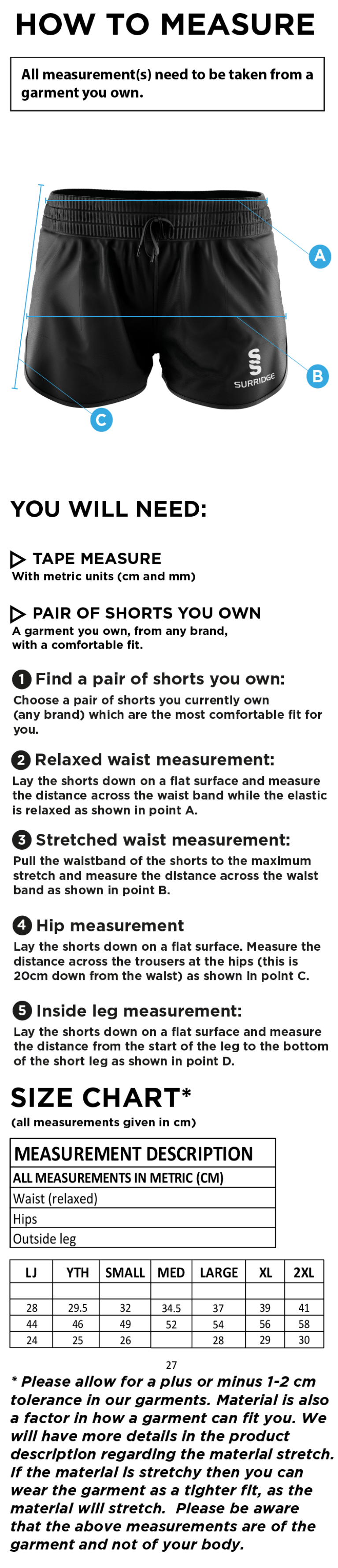 Longridge CC - Ladies Active Shorts - Size Guide