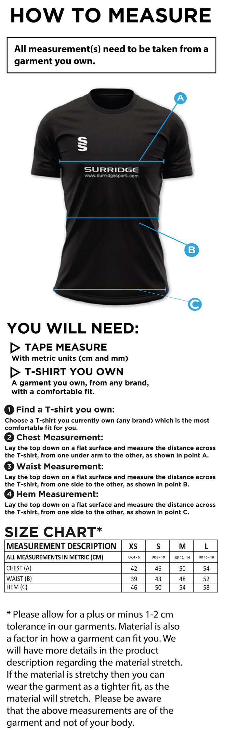 Longridge CC - Ladies Dual Polo Shirt - Size Guide