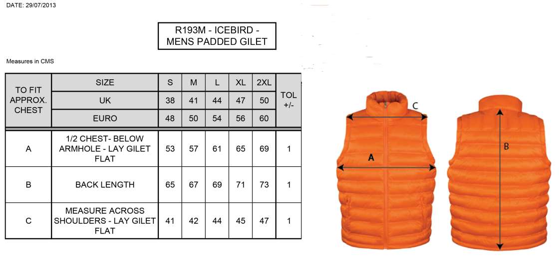 Longridge CC - Padded Gilet - Size Guide