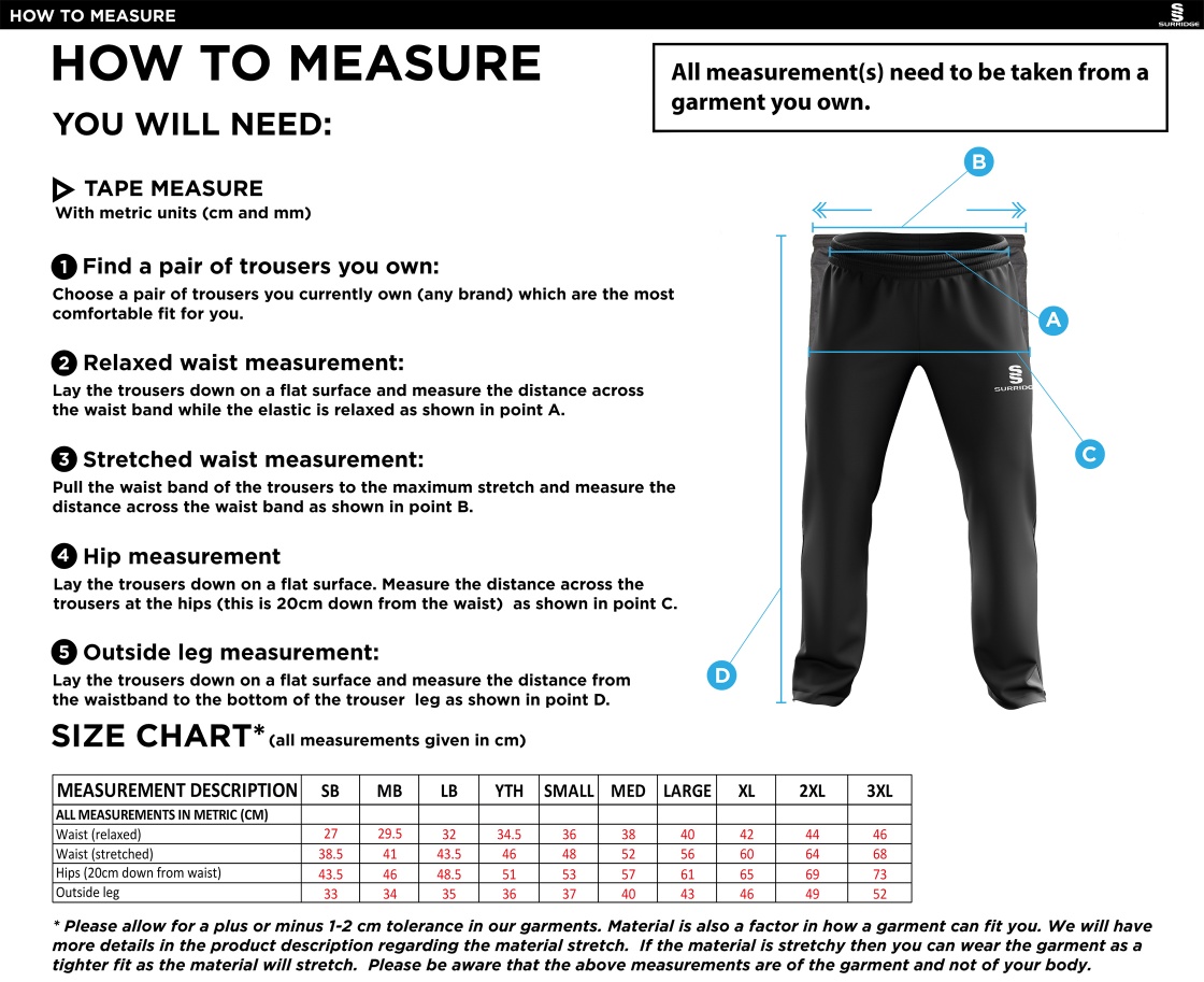 LONGRIDGE CC Rip Stop Track Pant : Navy - Size Guide