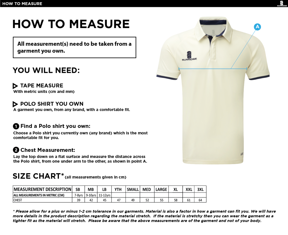 Longridge CC - Ergo Short Sleeve Navy Trim Shirt - Size Guide